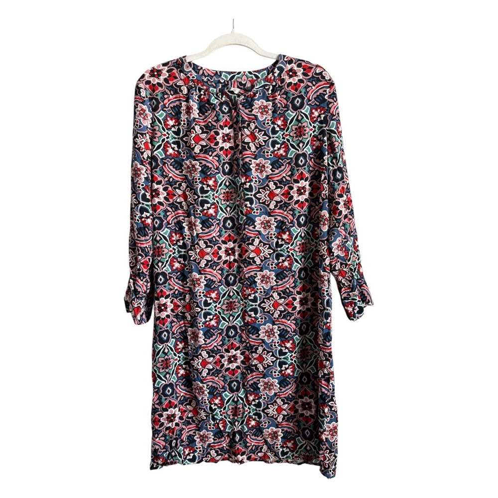 LOFT Stained Glass Floral Shift Dress Long Sleeve Boho Mod Kaleidoscope Size LT